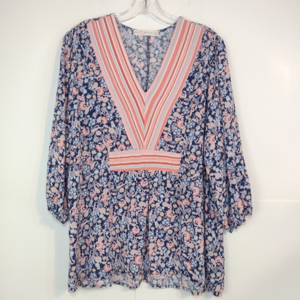 Fair Haven Floral V-Neck Blouse - Blue and Pink